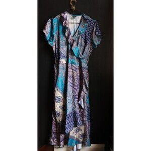 Advance Maxi Wrap Colorful Dress Silk Blend Floral Boho Ruffle Jewel Fairy L/XL
